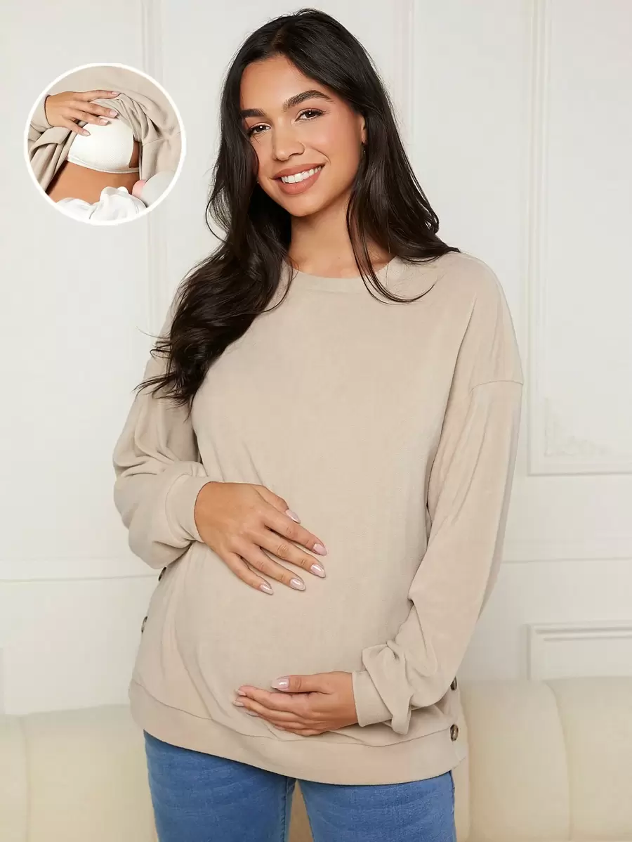 SHEIN Maternity Drop Shoulder Nursing Sweatshirt - Khaki - View 1