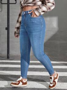 SHEIN EZwear 大碼拉絲織物保暖高腰漂白水洗緊身牛仔褲 - 藍色 - 查看 3
