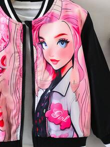 SHEIN 女小童人像圖案條紋飾邊飛行員夾克不帶T恤 - 黑色 - 查看 3