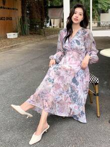 DAZY Floral Print Lantern Sleeve Dress - Mauve Purple - View 6