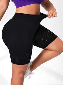 SHEIN Yoga Basic 大碼鏤空寬腰帶運動短褲 - 黑色 - 查看 3