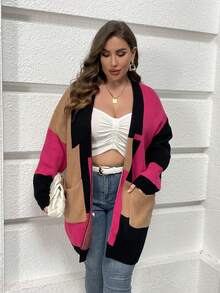 SHEIN LUNE Áo khoác cardigan hở vai Colorblock cỡ lớn - Nhiều màu - Xem 3