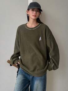 FRIFUL Figure Embroidery Top-stitching Drop Shoulder Sweatshirt - Green - View 7