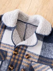男嬰羊絨領口雙排釦毛絨內襯格紋花呢外套 - 彩色 - 查看 5