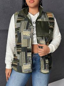 SHEIN EZwear 大碼色塊拼接圖案拉鏈開襟夾克背心 - 彩色 - 查看 4