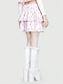 ROMWE Kawaii Falda con estampado de corazón con encaje en contraste ribete con fruncido - Rosa - Ver 5