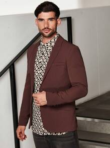 Manfinity VCAY 男士青果領雙口袋前紐扣西裝外套 - 咖啡棕 - 查看 3