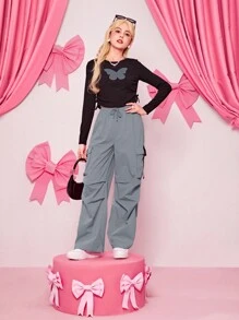 SHEIN 青少年女孩側翻蓋口袋腰部抽繩抽褶細節工裝褲 - 霧霾藍 - 查看 5