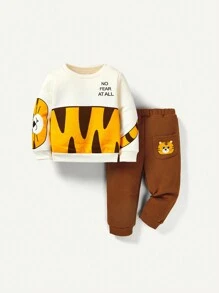 SHEIN Leap Crew Cute Baby Boy Cartoon Cat Pattern Long Sleeve Round Neck Sweater With Elastic Waistband Long Pants Set - Multicolor - View 3