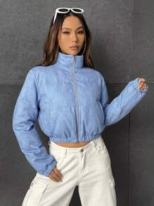 SHEIN EZwear 冬季拉链短款夹棉大衣 - 藍色 - 查看 5