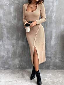 Chiquease Scoop Neck Button Detail Split Thigh Sweater Dress Without Belt - Khaki - View 6