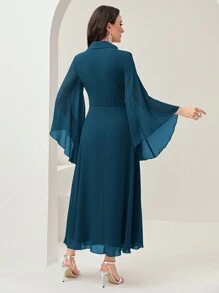 Modelyn Surplice Neck Flounce Sleeve Ruched Waist Dress Long Evening Dresses - Teal Blue - View 2
