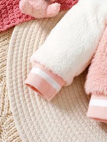 Baby Girl Cartoon Embroidery Striped Trim Colorblock Teddy Jacket - Pink - View 8