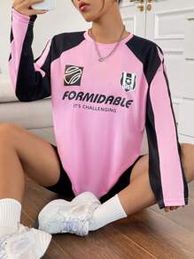 StreetHx Áo thun tay raglan họa tiết tương phản chữ cái họa tiết áo thun nữ - Hồng - Xem 3