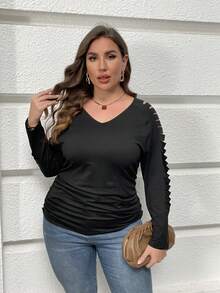 SHEIN LUNE Plus Cutout Raglan Sleeve Ruched Tee - Black - View 3