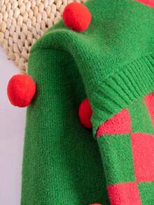 SHEIN 女小童棋盤格圖案絨球細節套頭毛衣 - 墨綠色 - 查看 5