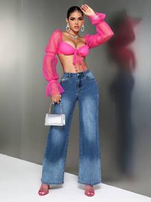 SHEIN SXY 斜口袋腿牛仔褲 - 中等水洗藍 - 查看 1