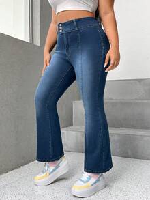 SHEIN EZwear Plus High Waist Flare Leg Jeans - Blue - View 3