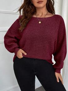 SHEIN LUNE Áo len nữ cỡ lớn màu trơn cổ thuyền tay cánh dơi, kiểu dáng thanh lịch tối giản màu đỏ tía, thích hợp cho mùa Thu/Đông. - Màu Đỏ Sâu - Xem 1