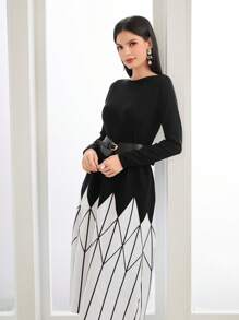 Modelyn 素色套頭毛衣和撞色幾何圖案針織短裙不附腰帶 - 黑色 - 查看 5