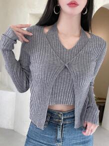 DAZY Ribbed Knit Halter Knit Top & Cardigan Fall - Grey - View 6