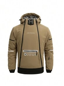 Men Letter Graphic Hooded Jacket & Overall Jumpsuit - Khaki - View 8