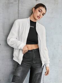 SWAVVY 男士拉鍊束縛泰迪寬鬆飛行外套 - 白色 - 查看 3