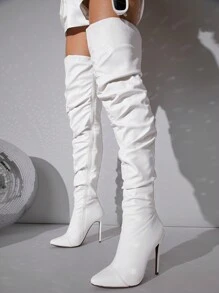 SHUZIA Women's Slouchy Over-The-Knee Pointed Toe Stiletto Heel Night-Out PU White Boots – Bold, Sexy & Must-Have Summer Shoes Spring Shoes Spring Break Easter - White - View 6