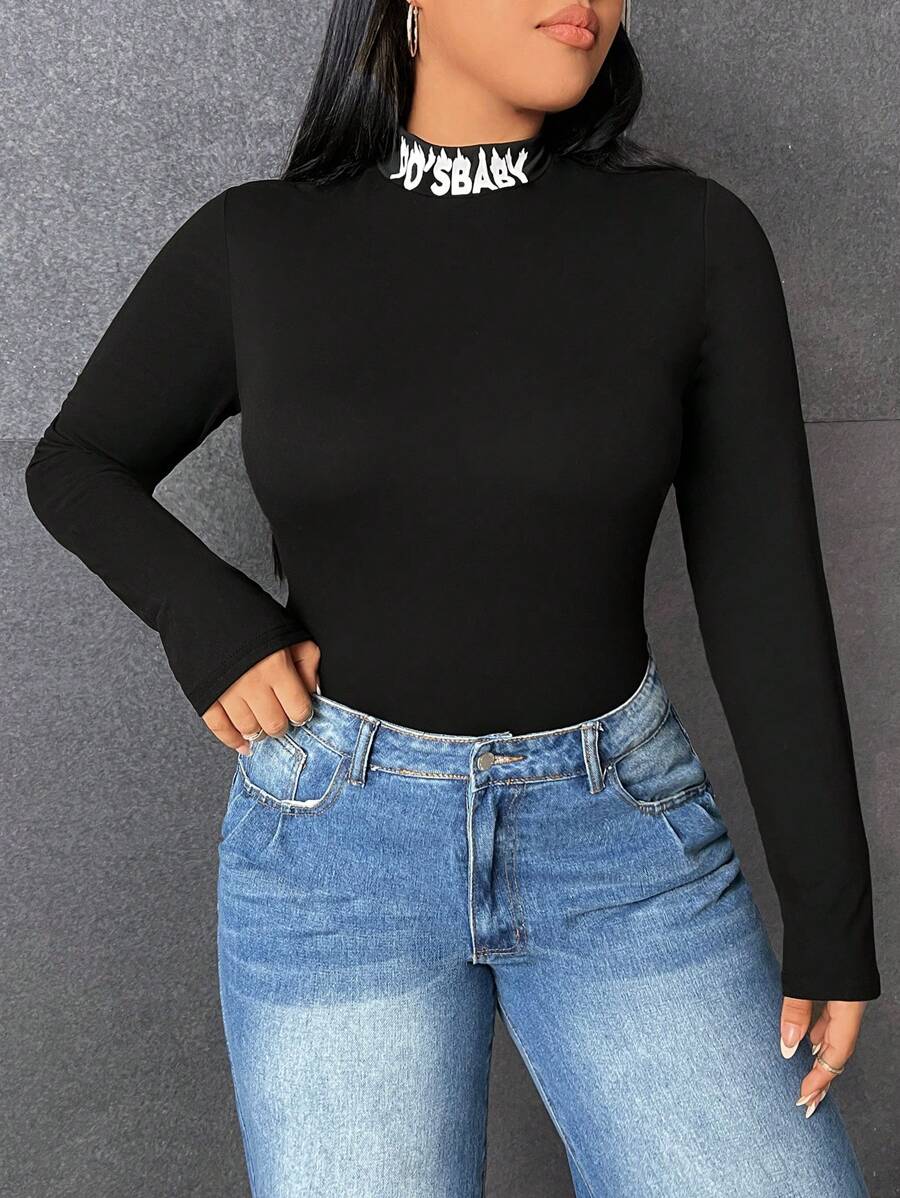 SHEIN EZwear 大碼字母圖案小高領T恤 - 黑色 - 查看 1