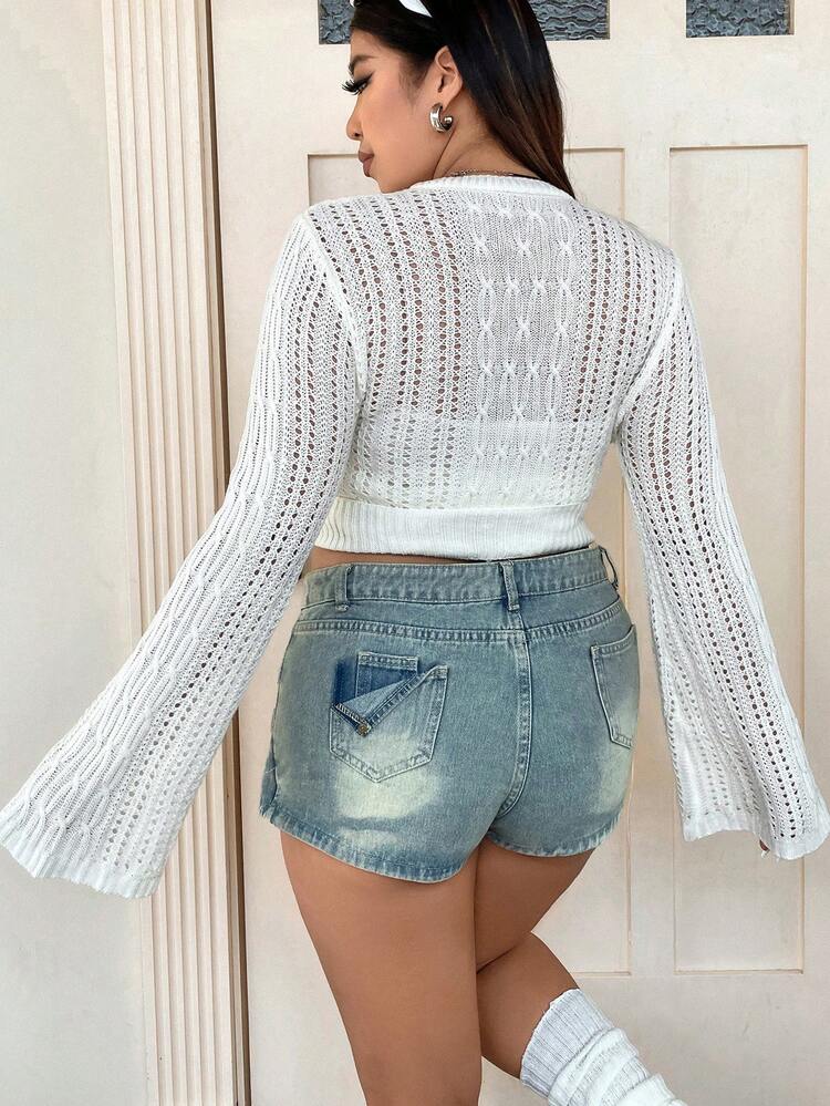 Plus Flare Sleeve Knot Side Crop Sweater Without Cami Top Knit Pullover Fall Winter Sweater