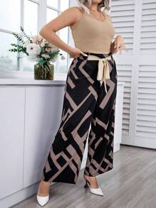 Calvaya Plus Solid Cami Top & Geo Print Tie Front Wide Leg Pants