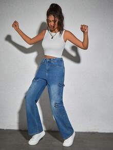 Jeans cargo con bolsillo con solapa - Azul lavado medio - Ver 5