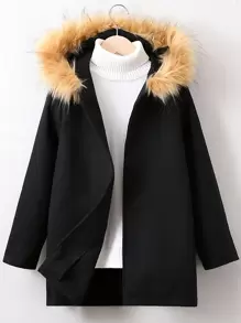 Tween Boy Fuzzy Trim Hooded Open Front Overcoat Without Sweater - Black - View 1