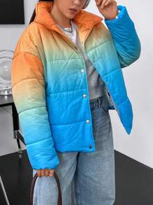 Flirla Plus Ombre Drop Shoulder Snap Button Padded Padded Coat Clothes Winter - Multicolor - View 7
