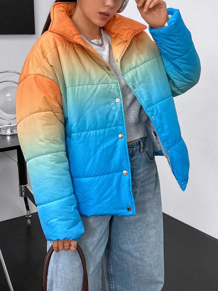 Plus Ombre Drop Shoulder Snap Button Padded Padded Coat Clothes Winter