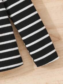 SHEIN Baby Girl Casual Knit Striped Ruffle Hem Long Sleeve Top - Black and White - View 3