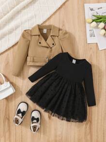 SHEIN Baby Girls' Retro Motorcycle Jacket And Knit Mesh Splice Dress - Black - View 1