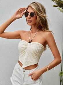 SHEIN VCAY 胸部褶皺後背繫帶頭巾下擺繞頸短上衣 - 杏色 - 查看 3