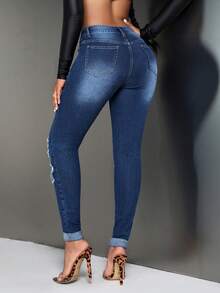 SHEIN In hoa Báo Quần jean rách - Rửa tối - Xem 3