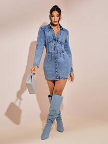 SHEIN BAE 前紐扣緊身牛仔洋裝 - 藍色 - 查看 4