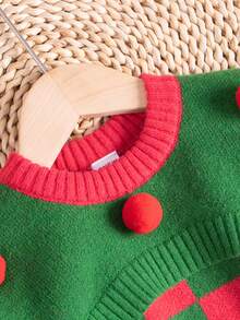 SHEIN 女小童棋盤格圖案絨球細節套頭毛衣 - 墨綠色 - 查看 8