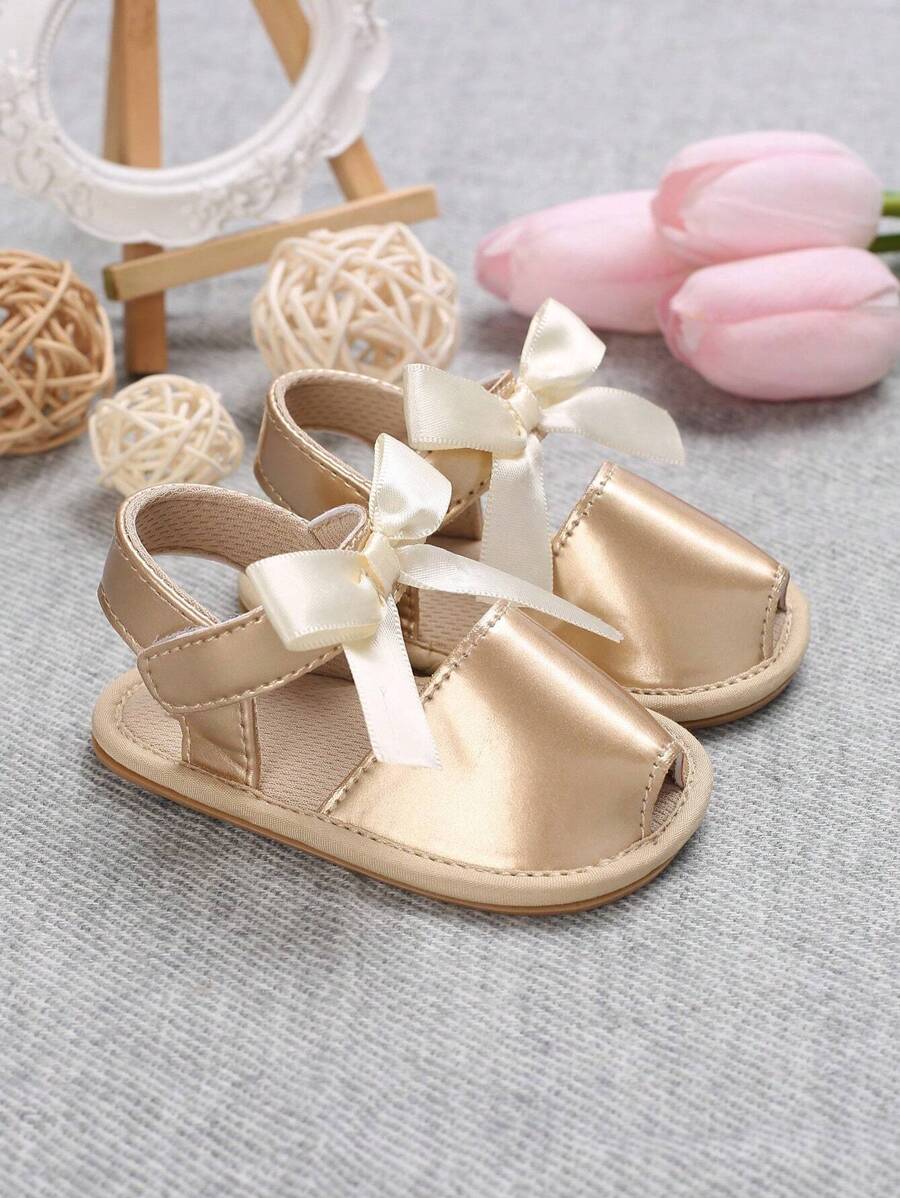 嬰兒蝴蝶結裝飾踝帶平底涼鞋適合夏天 - 金色 - 查看 1