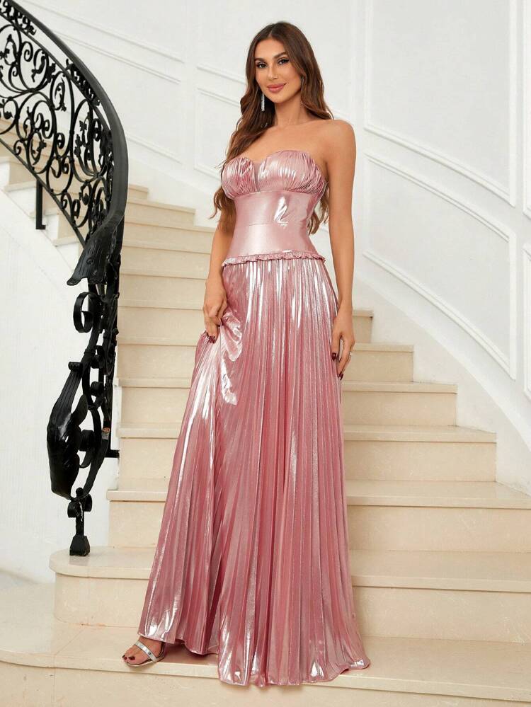 Ruched Bust Pleated Hem Tube Formal Dress