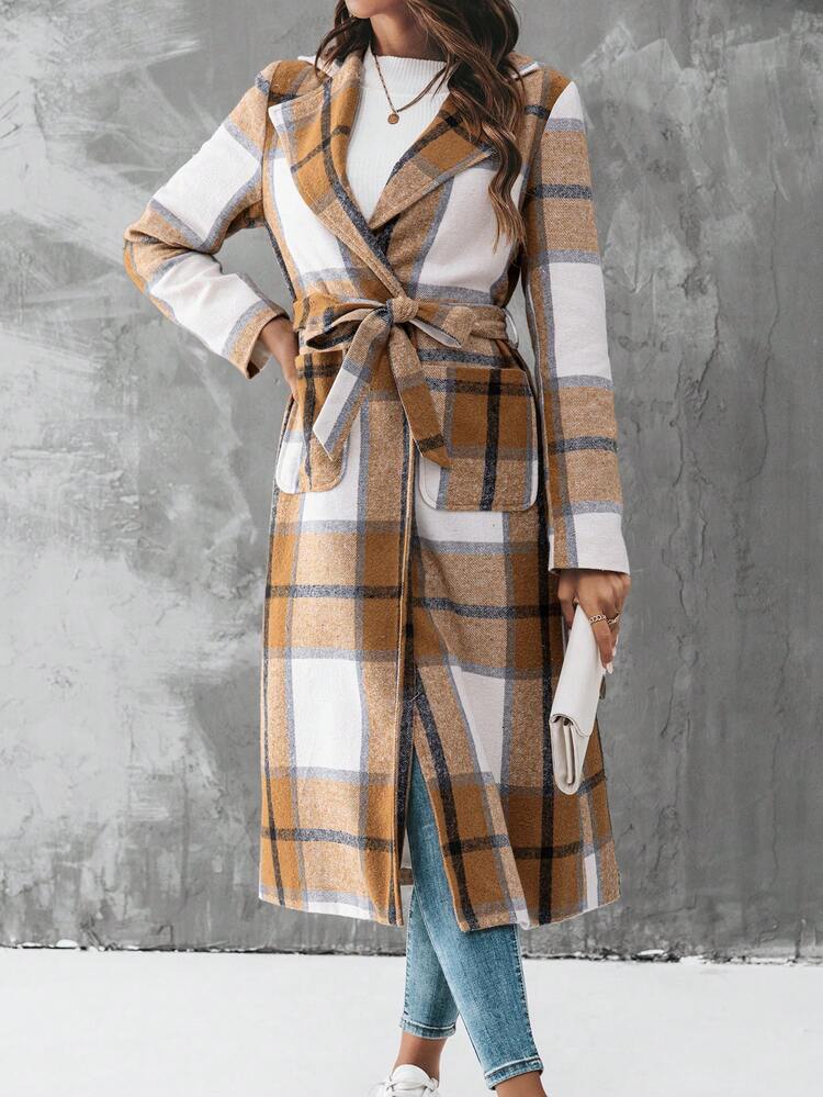 Plaid Print Belted Overcoat