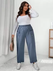 SHEIN LUNE Plus Button Detail Dual Pocket Pants - Dusty Blue - View 6