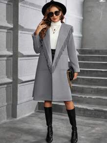 SHEIN Clasi Fringe Trim Collar Belted Overcoat - Grey - View 4