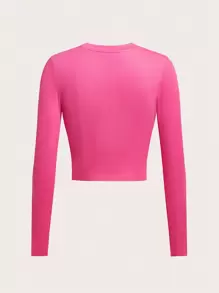 Slaydiva Milano Casual Letter Print Crop Round Neck Long Sleeve Fitted Women T-Shirt, Suitable For Spring And Autumn - Watermelon Pink - View 3