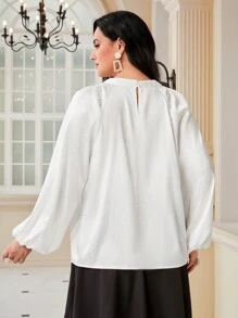 Modelyn Plus Keyhole Neckline Lantern Sleeve Blouse - White - View 2