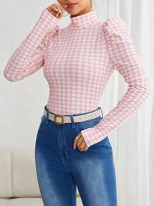 SHEIN Privé Houndstooth Print Gigot Sleeve Tee - Pink - View 5