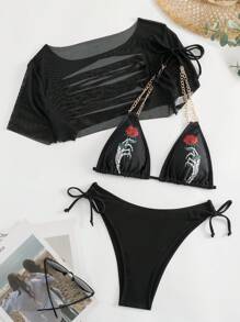 Skeleton & Floral Print Halter Triangle Bikini Set With Cover Up - Black - View 5